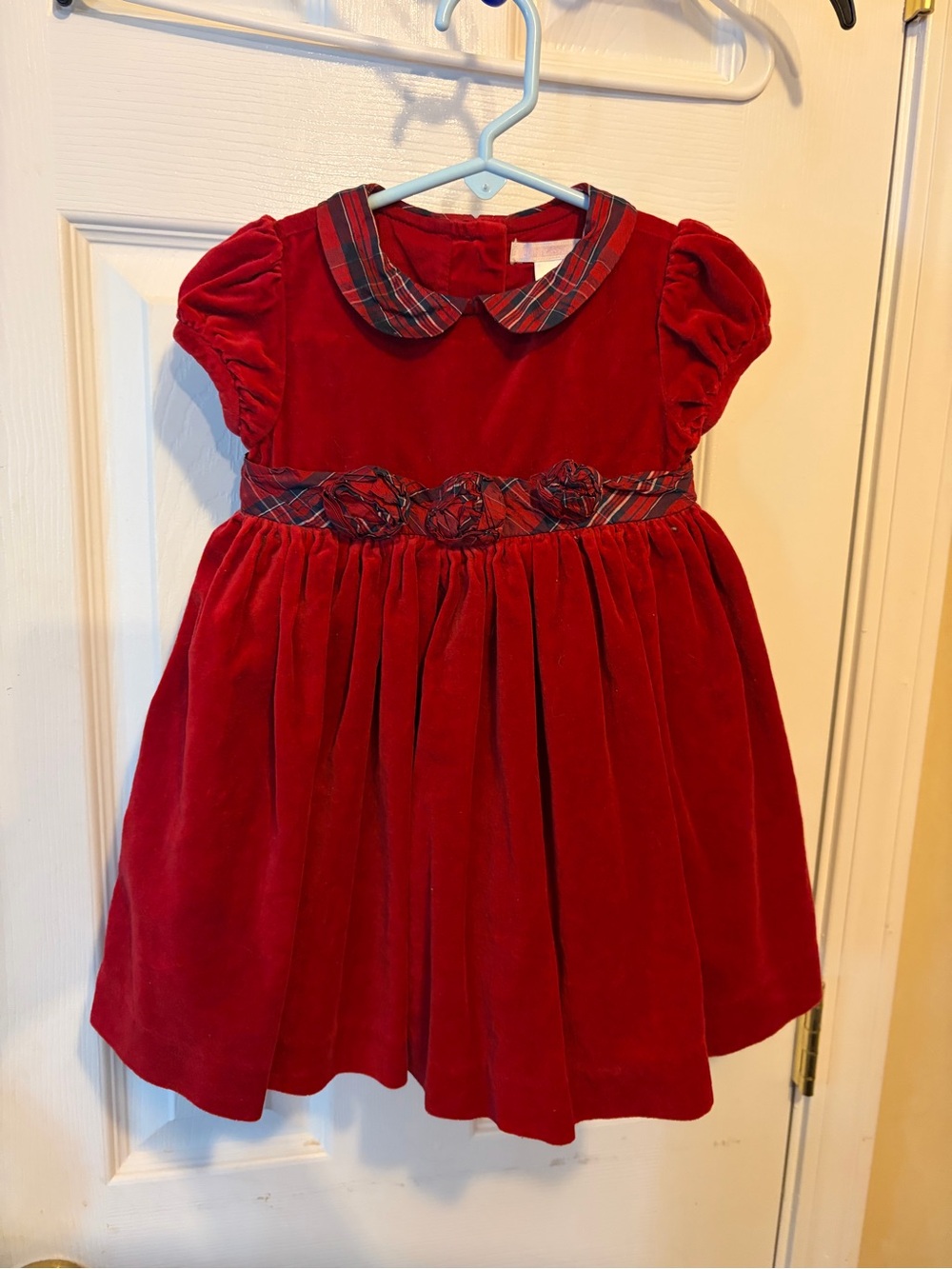 Janie and Jack Baby👶🏻Girls'👶🏻Red Velveteen Holiday Dress👗w Plaid Trim Sz 12-18M